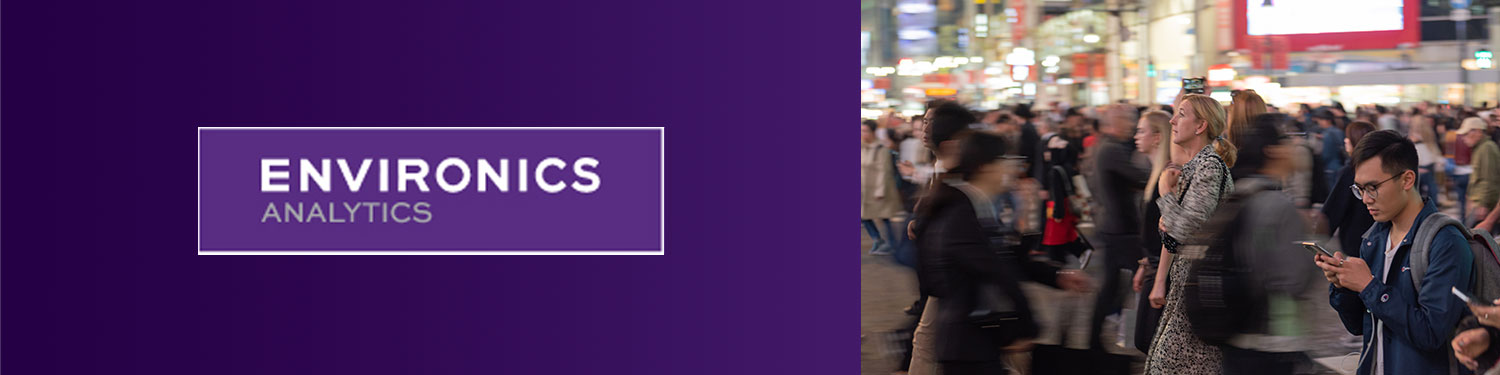 Webinar banner with the Environics Analytics logo beside a crowd of pedestrians, one using a phone