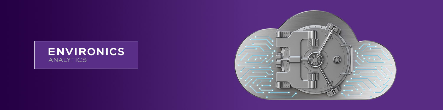 Purple Environics Analytics webinar banner with a cloud-shaped circuit board and vault door, representing a data clean room