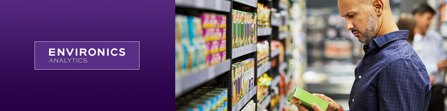 Web page banner showing a person examining a product in a grocery store aisle, with the Environics Analytics logo