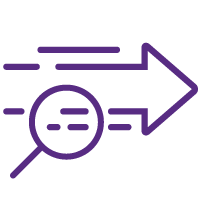 Icon of a magnifying glass over arrows pointing right, representing fast results