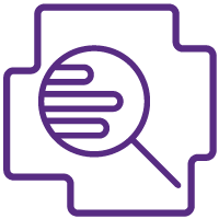 Icon of a magnifying glass over a bar chart, representing analysis of local geography