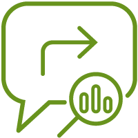 Icon of a chat bubble with an arrow pointing right and a bar chart