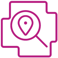 Icon of a box shape with a magnifying glass over a location pin