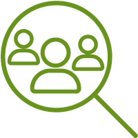 Icon of a magnifying glass over three people, representing understanding customers