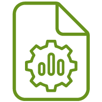 Icon of a green document with a gear and bar chart, representing access to data