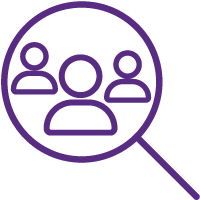 Icon of three people inside a magnifying glass, representing a target audience