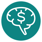 Icon of a brain with a dollar sign on a teal circle, representing financial acumen