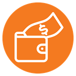 Icon of a wallet with a bill going into it in an orange circle, representing spending