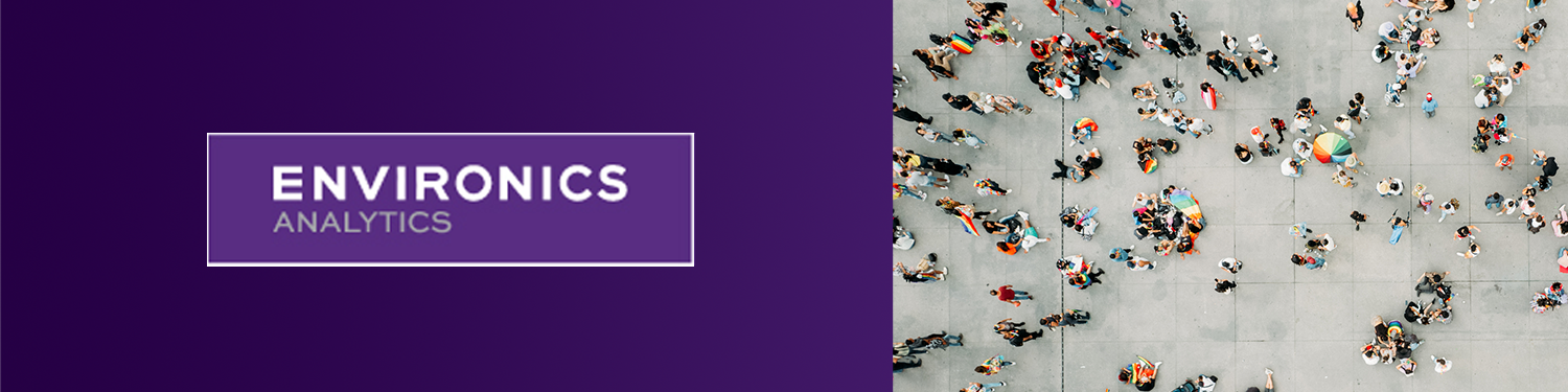 Environics Analytics logo on a purple background beside an aerial view of people crowded in a plaza