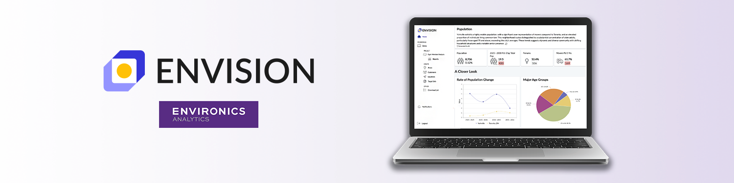 Logo of ENVISION by Environics Analytics with a laptop showing a reporting dashboard