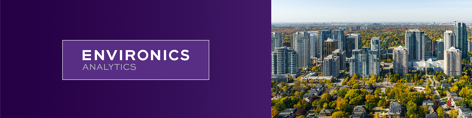 Environics Analytics webinar banner with logo beside a city skyline of high-rise towers, for PRIZM and Spring Data 2025