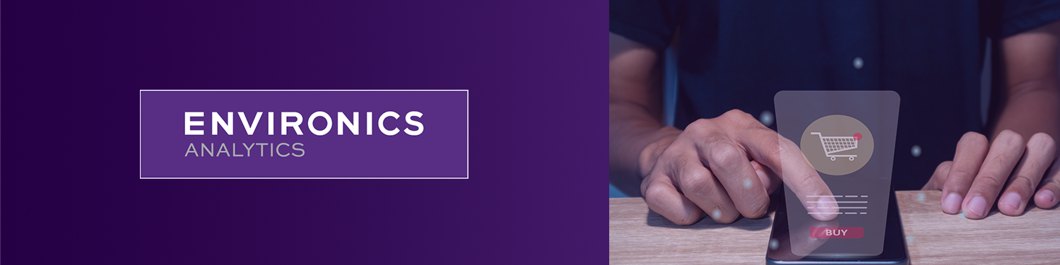 Left side Environics Analytics logo and right side hand using a smartphone for online shopping