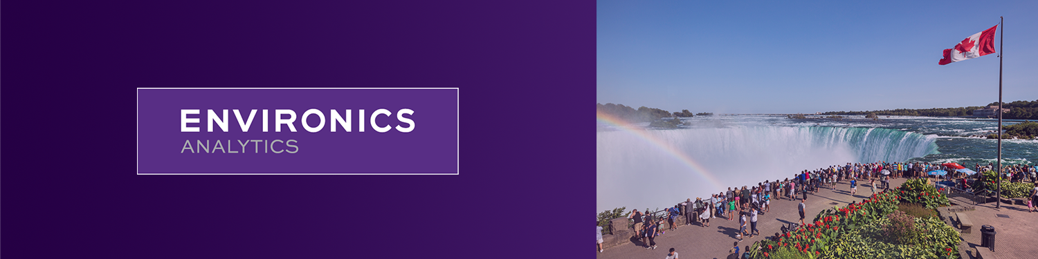 Environics Analytics webinar banner beside a waterfall viewpoint crowded with visitors and a Canadian flag