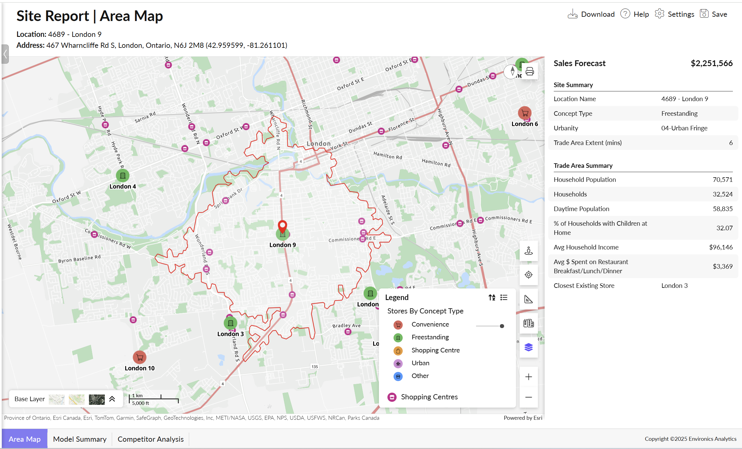Site Report area map of London, Ontario, showing a trade area outline, store locations and a sales forecast