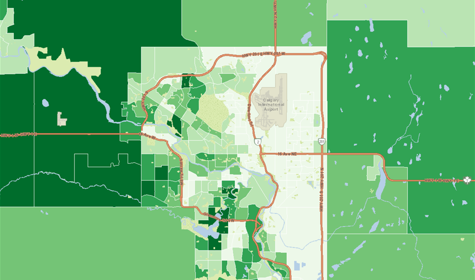 Green shaded map of neighbourhood-level financial data within a city boundary, from ENVISION5