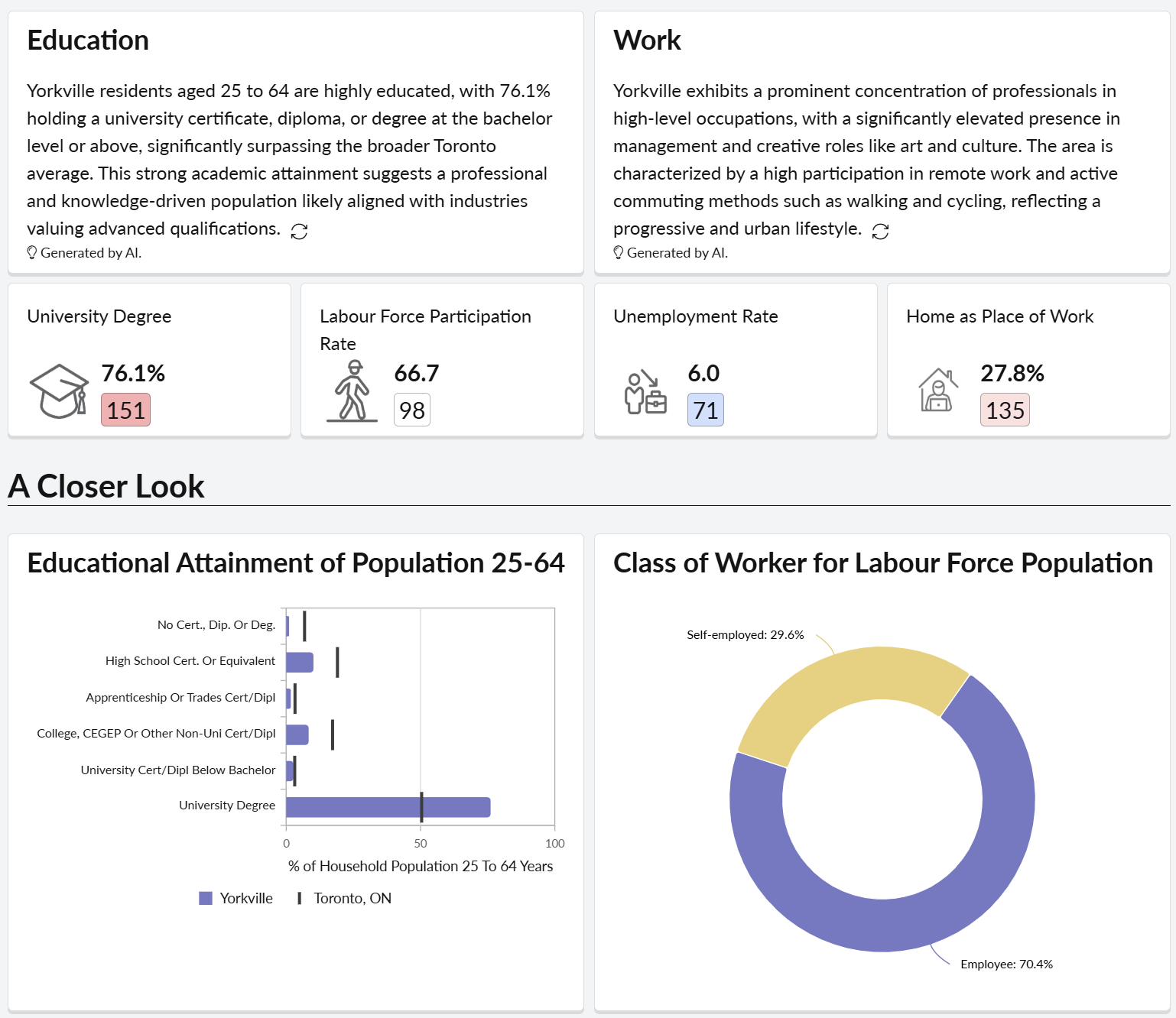 Screenshot of an executive report on education and work in Yorkville with degree rates and worker charts