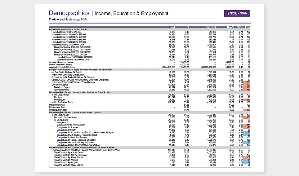 SPOTLIGHT report sample showing DemoStats Income, Education & Employment