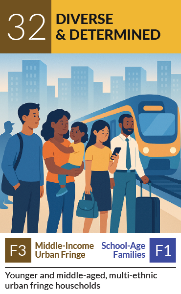 PRIZM segment card 32, Diverse & Determined: Younger and middle-aged, multi-ethnic urban fringe households