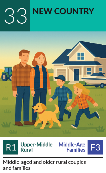 PRIZM segment card 33, New Country: Middle-aged and older rural couples and families