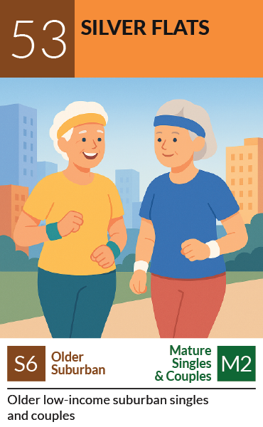 PRIZM segment card 53, Silver Flats: Older low-income suburban singles and couples