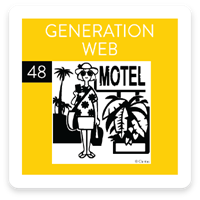 PRIZM Premier segment card 48, Generation Web, with an illustrated traveller in a sun hat beside a motel sign