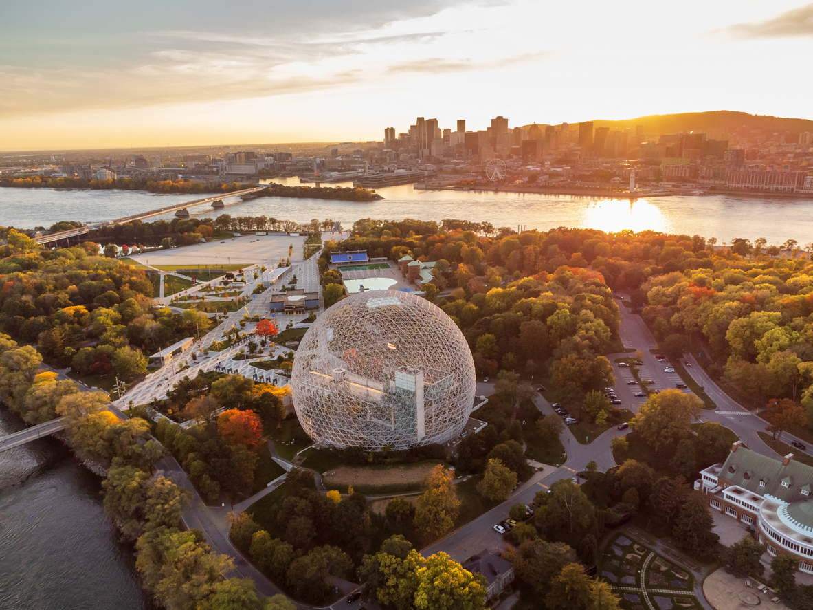 Aerial view of Montreal Biosphere in autumn sunset time
