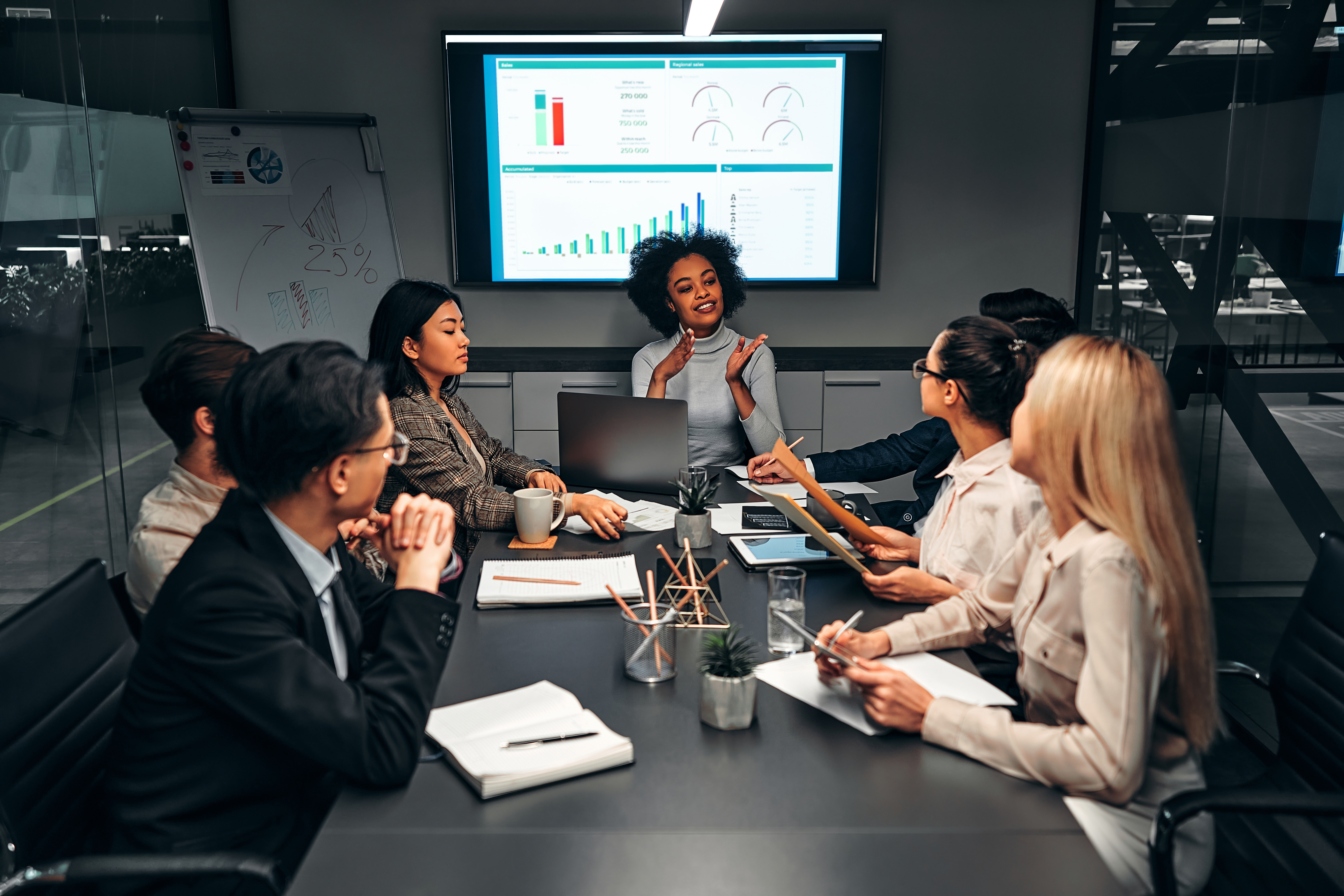 Business people discuss and analyze work, statistics, plans, startup in a meeting room