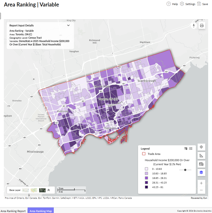 An ENVISION screenshot of a shaded map of Toronto based on household income.