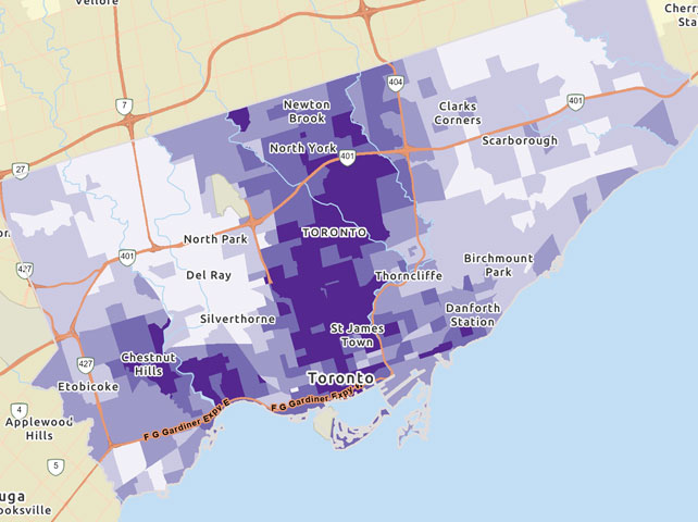 DemoStats map of Toronto shaded in purple showing educational attainment above a bachelor’s degree