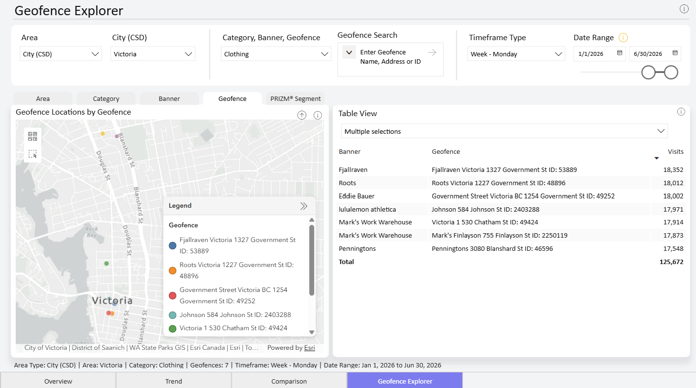 The new Geofence Explorer allows for map-based spatial exploration of individual geofences with visit counts and segment overlays. Customize your table of geofences and map view.