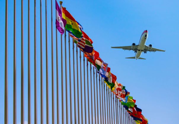 Plane flying over a row of international flags