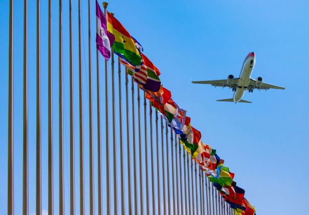 Plane flying over a row of international flags on tall flagpoles against a blue sky