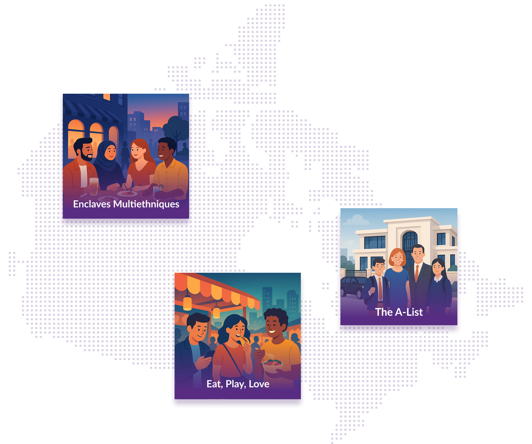 Dot map of Canada featuring three PRIZM segment images: Enclaves Multiethniques, The A-List and Eat, Play, Love