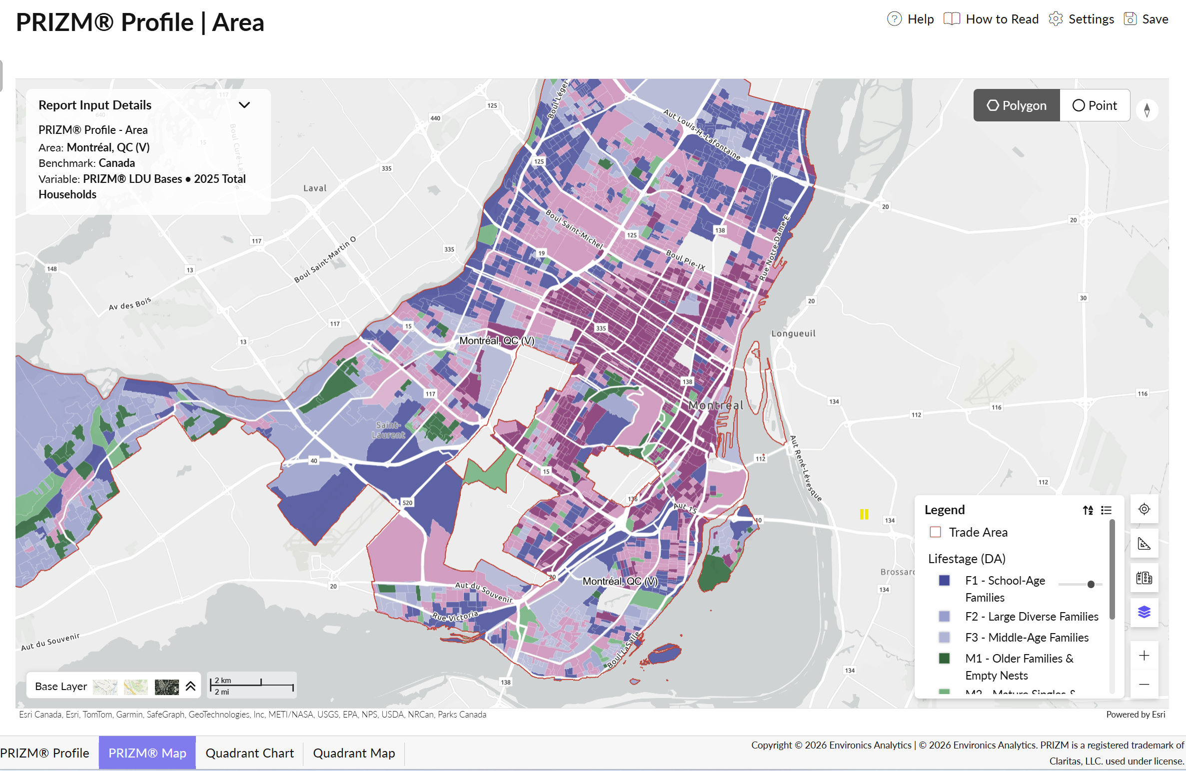 An ENVISION screenshot of a shaded map showing PRIZM segments by social groups in Montreal.