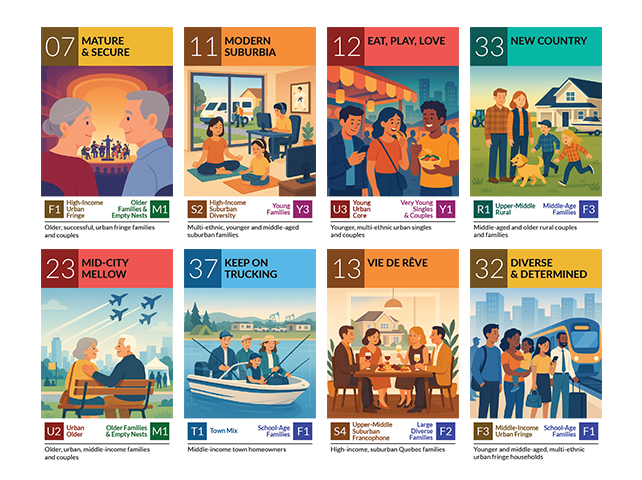 Grid of eight illustrated PRIZM segment cards showing lifestyle scenes for different Canadian consumer segments