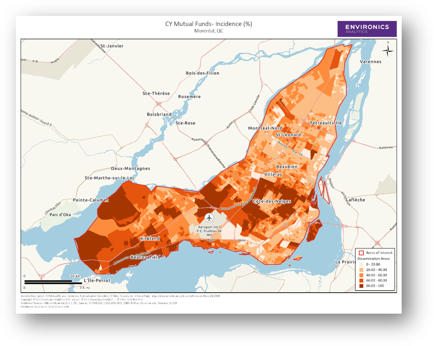 WealthScapes map showing the incidence of mutual fund ownership by area, shaded from light to dark orange