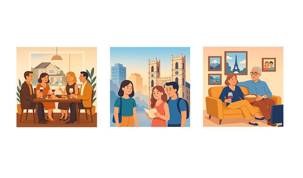 Three illustrations of francophone segments: friends at a table, two young people with a map, and two older adults on a sofa