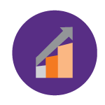 Round purple logo with a chart and upward arrow